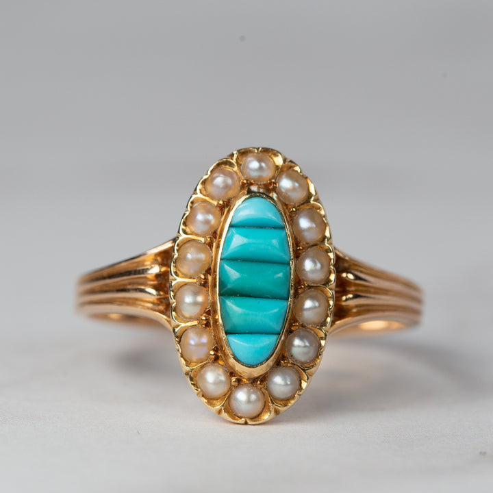 アンティーク トルコ石と天然真珠のマーキーズリング