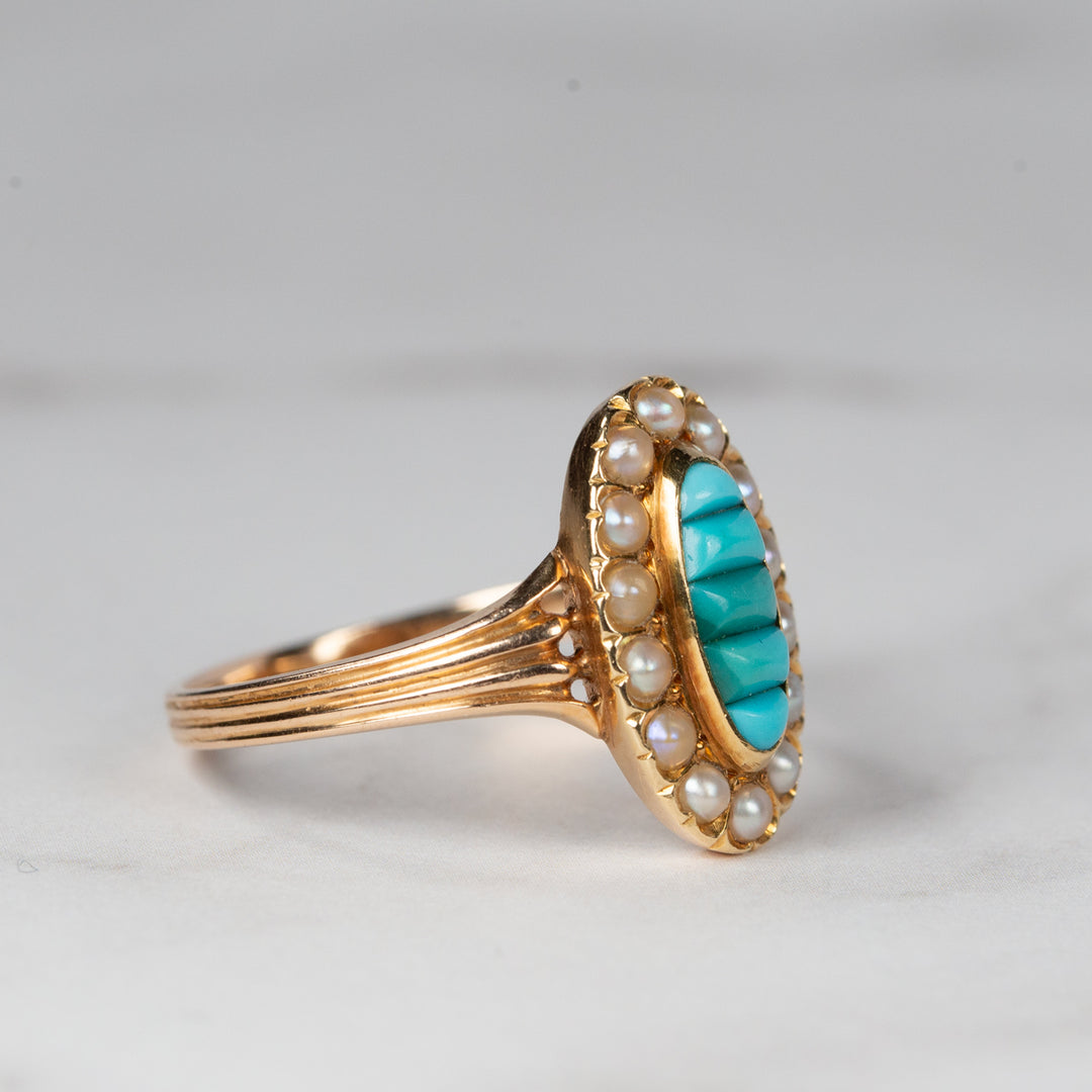 アンティーク トルコ石と天然真珠のマーキーズリング