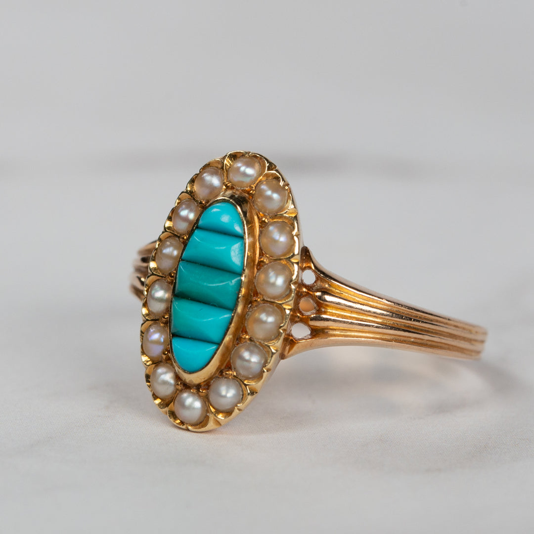 アンティーク トルコ石と天然真珠のマーキーズリング