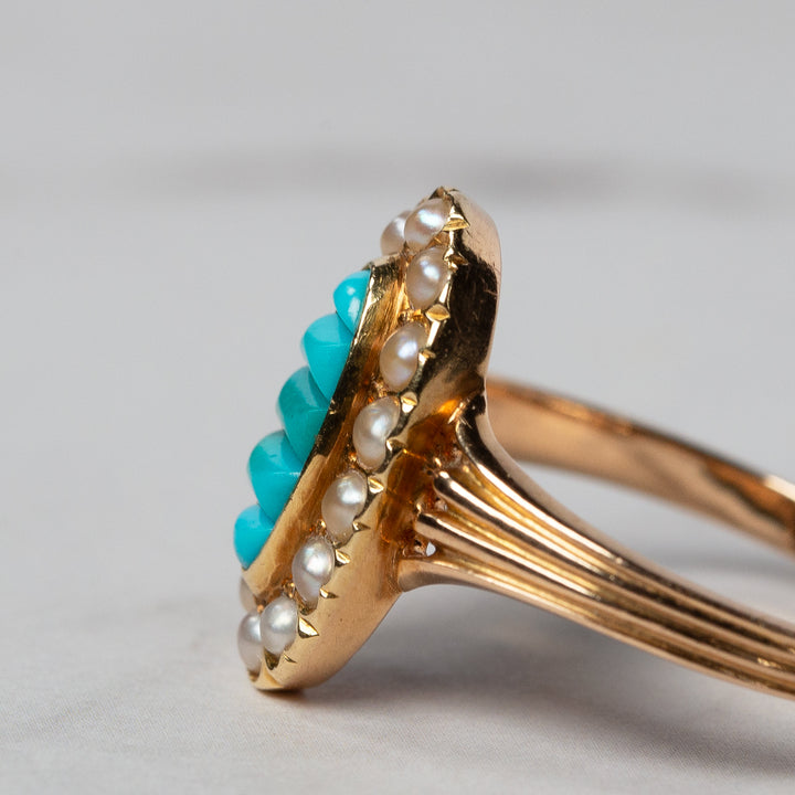 アンティーク トルコ石と天然真珠のマーキーズリング