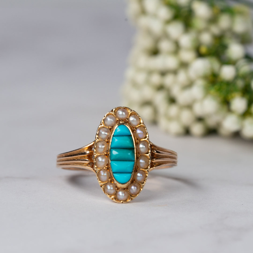 アンティーク トルコ石と天然真珠のマーキーズリング