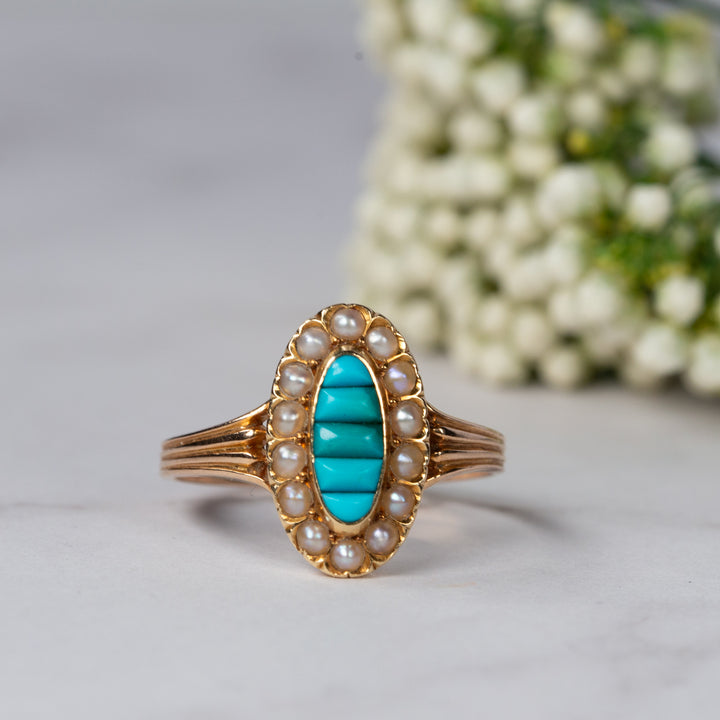 アンティーク トルコ石と天然真珠のマーキーズリング