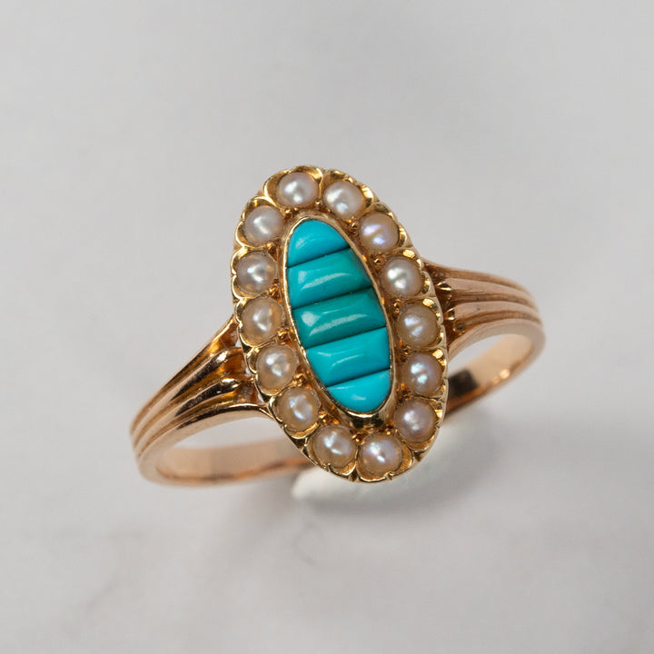 アンティーク トルコ石と天然真珠のマーキーズリング