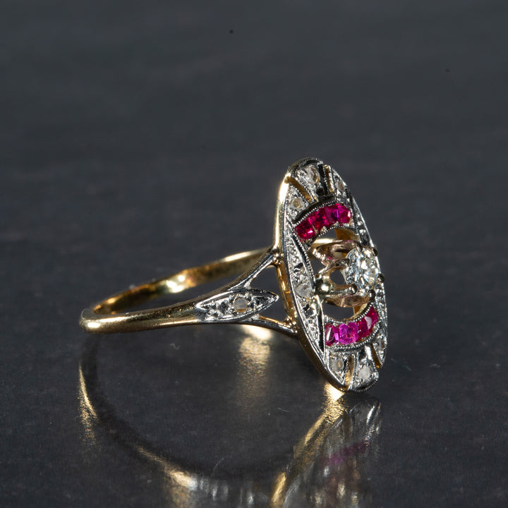 ダイヤモンドとシンセティックルビーのアールデコリング