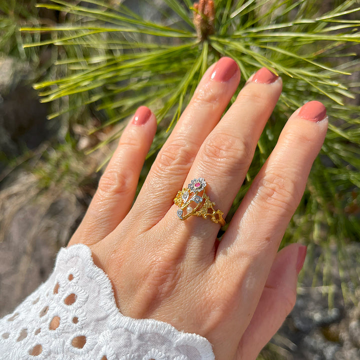 アンティーク 忘れな草のマーキーズリング(ダイヤ、サファイア、天然真珠)