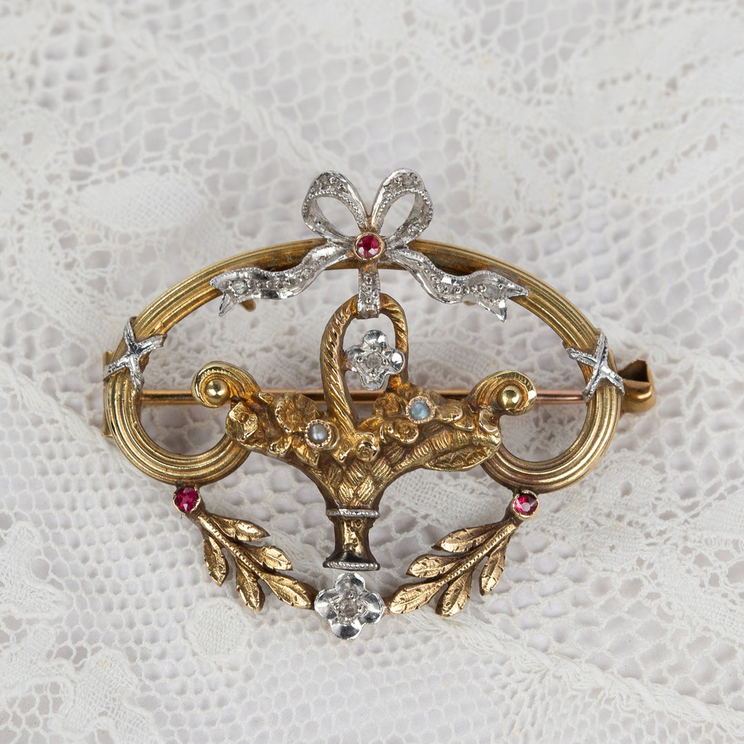 ベルエポック リボンとフラワーバスケットのペンダントブローチ