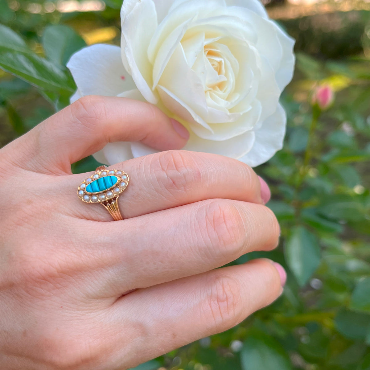 アンティーク トルコ石と天然真珠のマーキーズリング