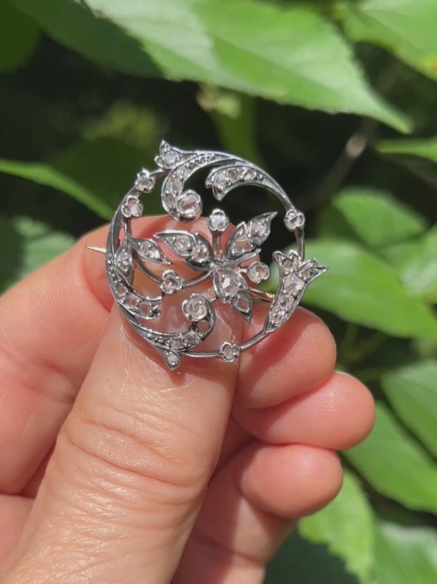 アンティーク ローズカットダイヤのボタニカルブローチ（ゴールド